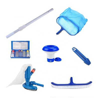 Swimming pool cleaning tool set Including net - Dispenser-Telescopic rod - Thermometer - Brush - Vacuum suction head - Test box